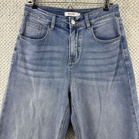 HDLTE Jeans Women M Blue Medium Denim Wash Wide Leg High Rise 5 Pockets Stretchy - Picture 2 of 16